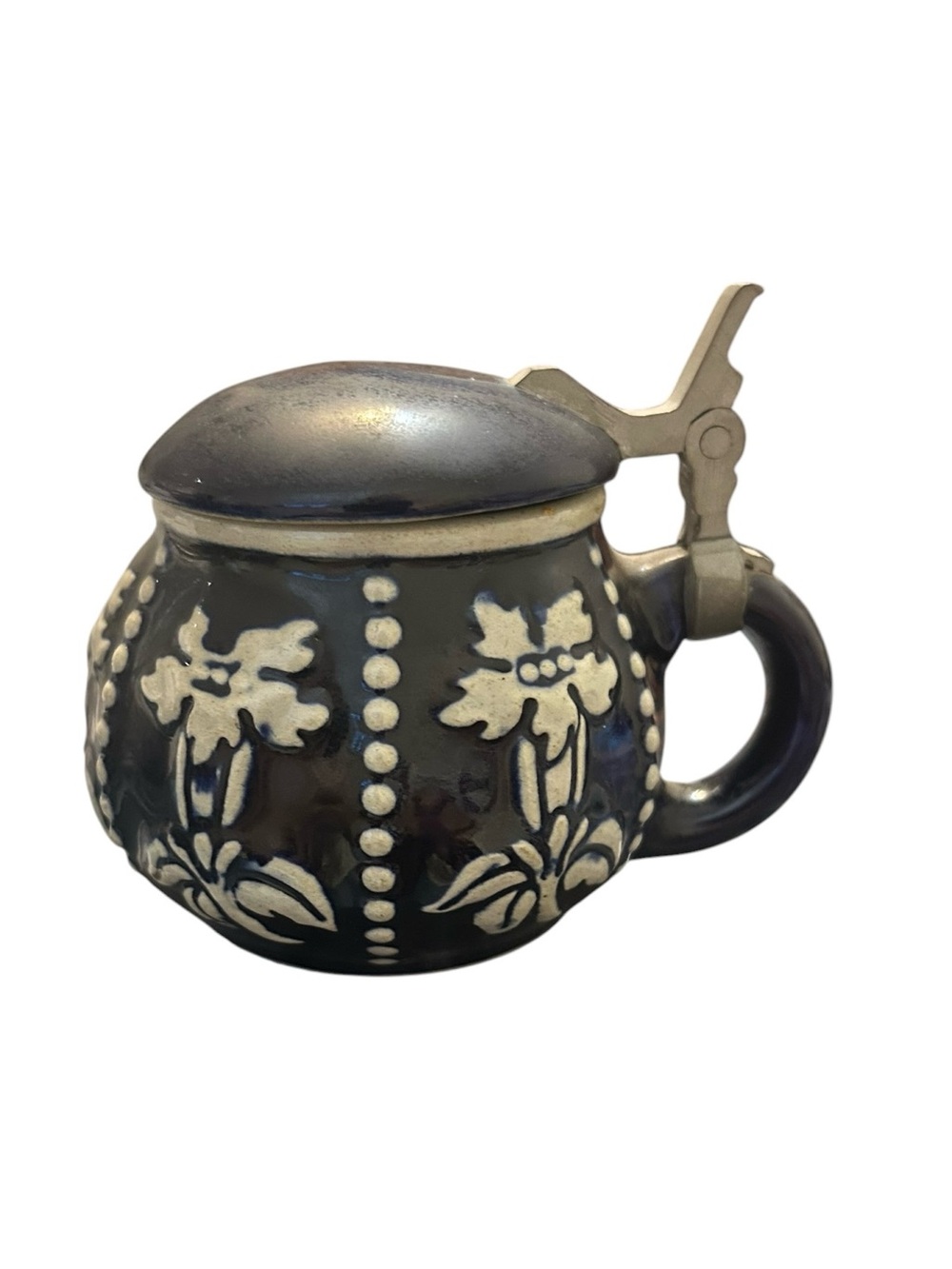 Vintage West Germany German Mustard Pot with Pewter Top Blue and White Edelweiss